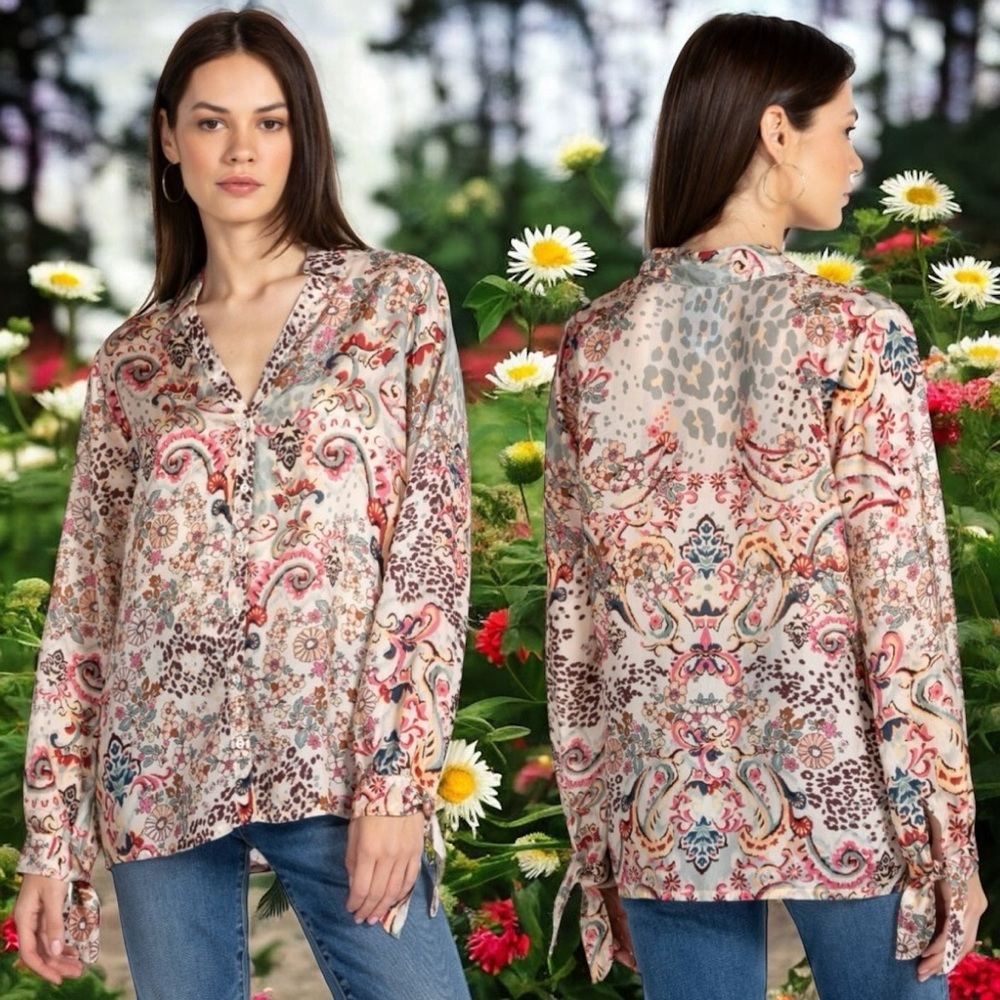 Johnny Was Jungle Paisley Rasvana 100% Silk Lightweight‎ Button Blouse Size L
